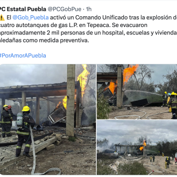 Explosión de cuatro pipas en Tepeaca moviliza a autoridades y evacúa a dos mil personas