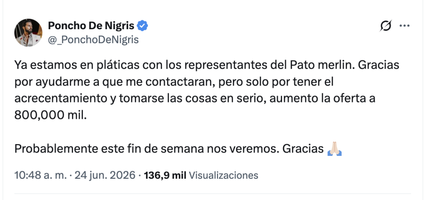Poncho De Nigris ofrece hasta 800 mil pesos por el pato viral del Mundial 2026
