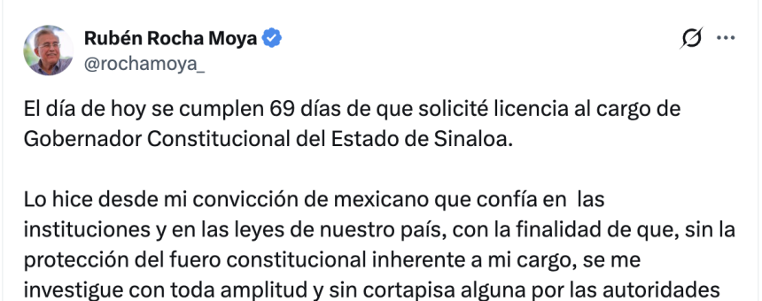 Rubén Rocha Moya niega estar bajo protección federal y asegura permanecer en su domicilio