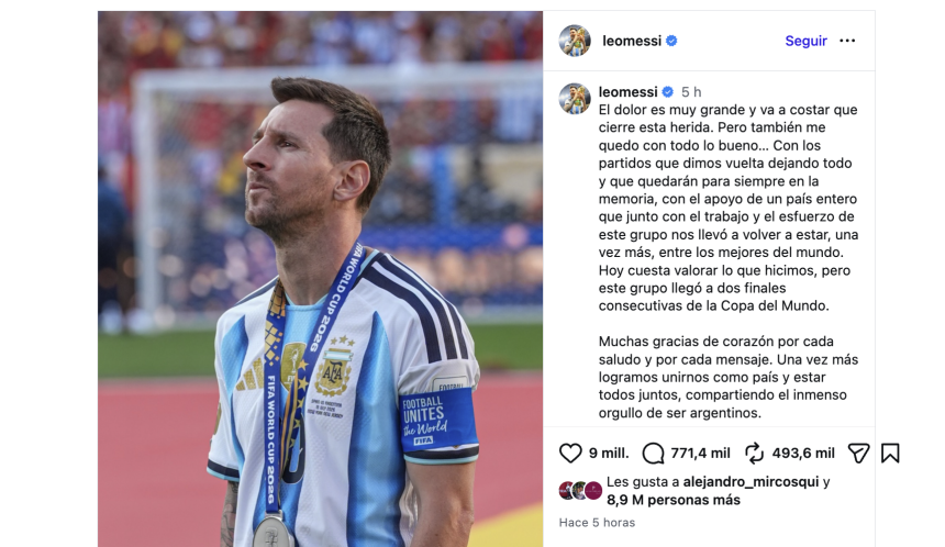 Messi expresa su dolor tras la derrota en la final del Mundial